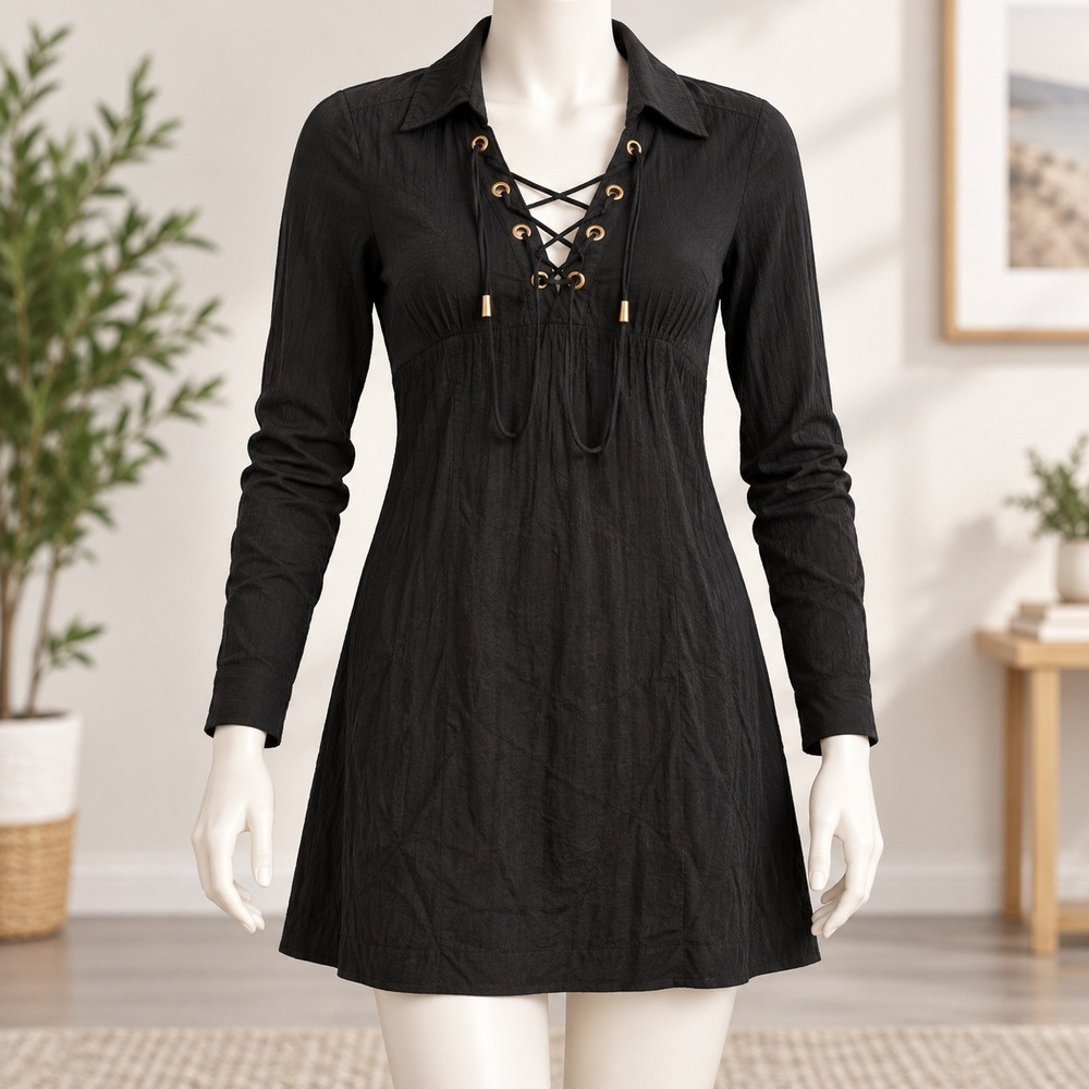 Juicy Couture Lace Up Mini Dress Womens Small Black Long Sleeve Gold Hardware